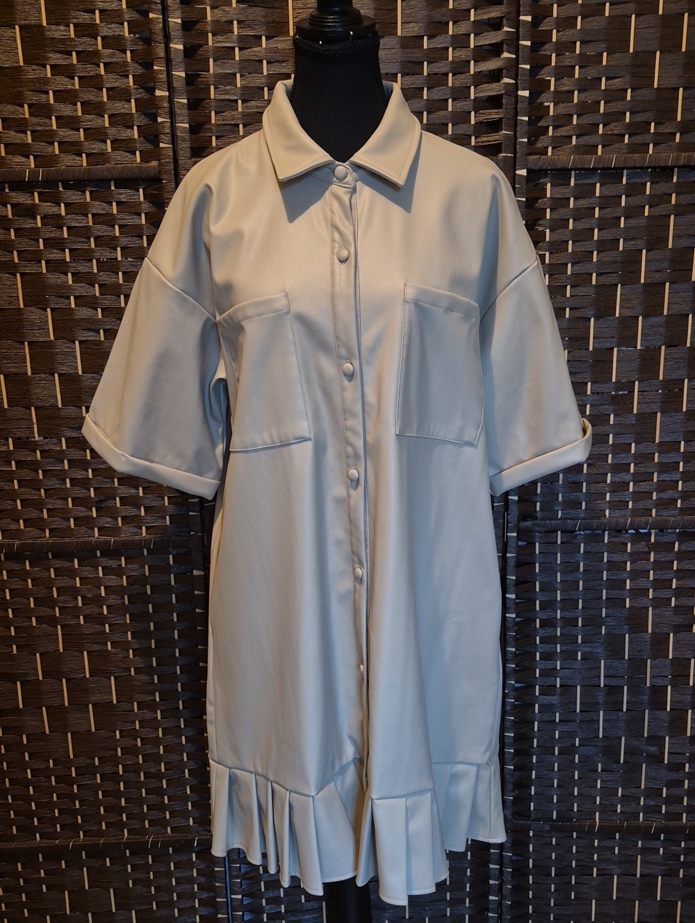 Hilary MacMillan Cream Button-Front Faux Leather Shirt Dress